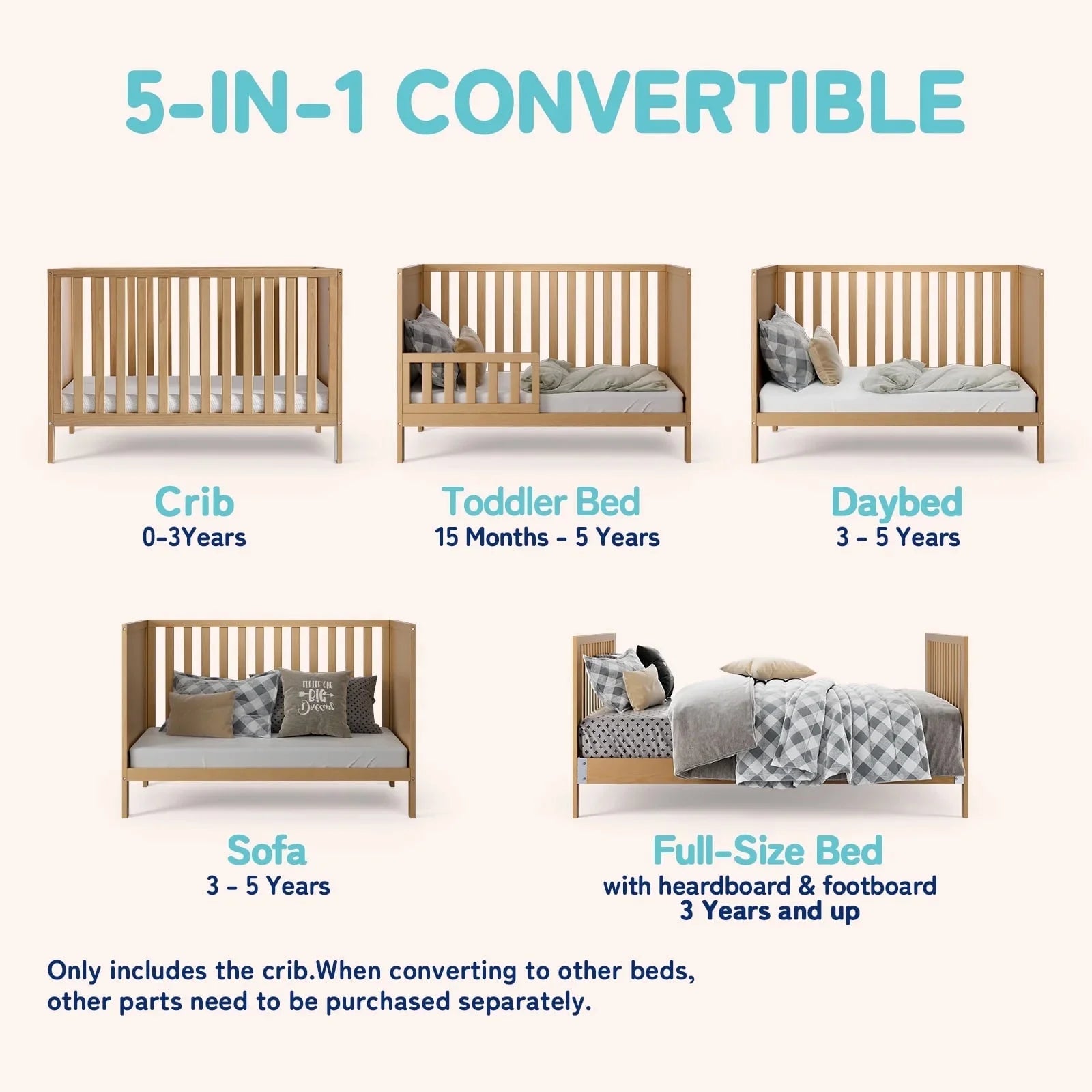 HARPPA 5-in-1 Convertible Baby Crib for Infant to Toddler, Natural Wood