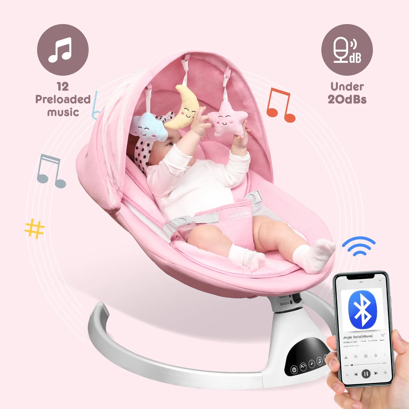 HARPPA Electric Baby Swing for Infants with Remote Control, 5 Sway Speed, Bluetooth Music, Pink