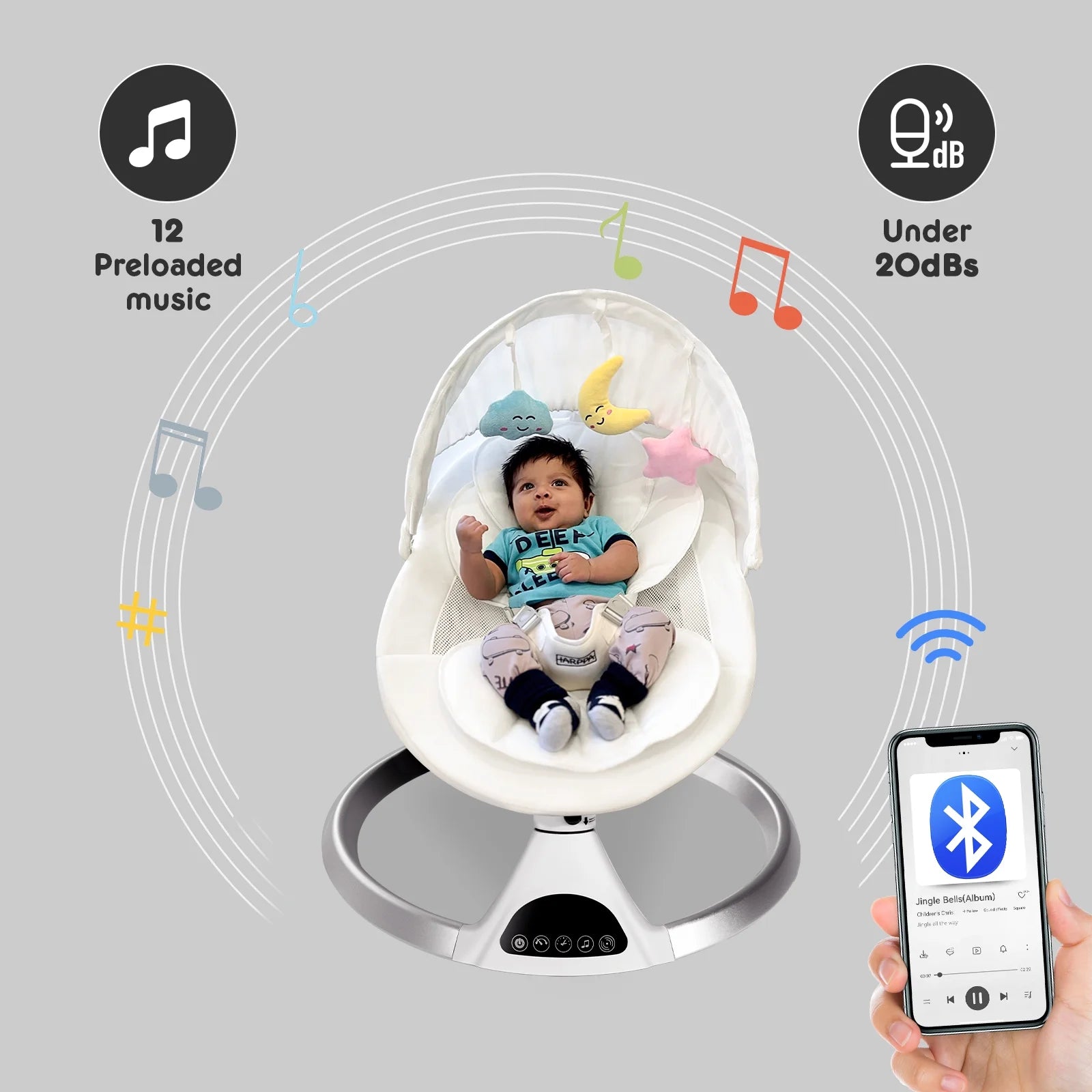 HARPPA Electric Baby Swing for Newborns, 5 Swing Speeds, 12 Preset Melodies, Remote, White