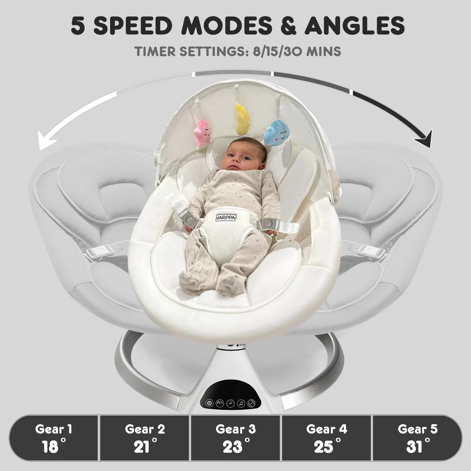 HARPPA Electric Baby Swing for Newborns, 5 Swing Speeds, 12 Preset Melodies, Remote, White