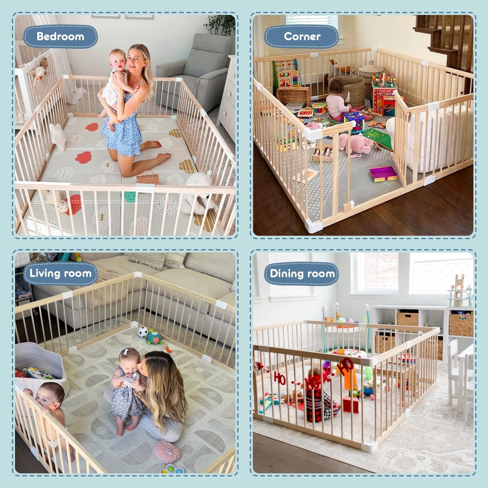 HARPPA Wooden Baby Gate Playpen, Large Play Yard Fence for Toddlers, Adjustable Shape, 56" x 56" x 24"
