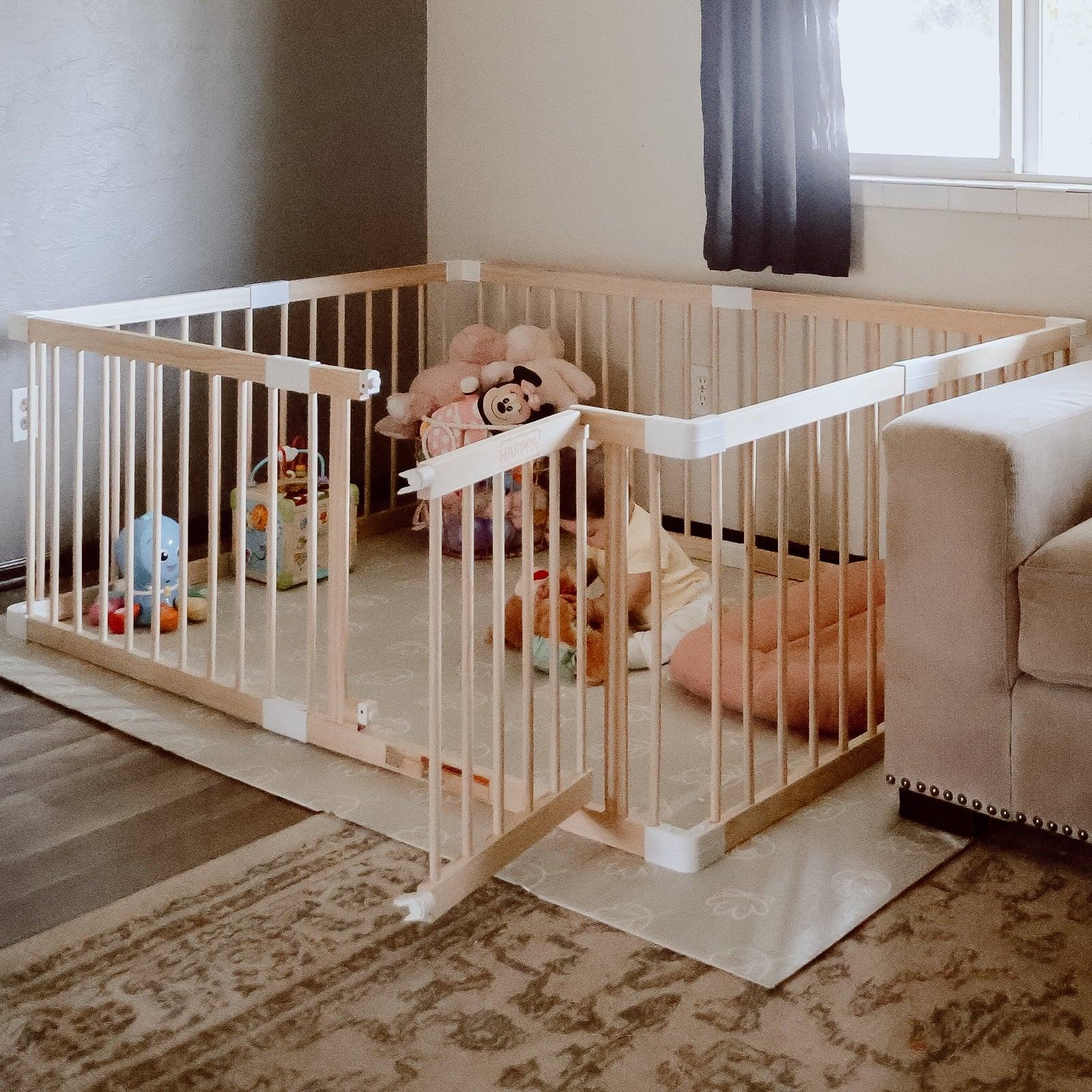 HARPPA Wooden Baby Gate Playpen, Large Play Yard Fence for Toddlers, Adjustable Shape, 56" x 56" x 24"