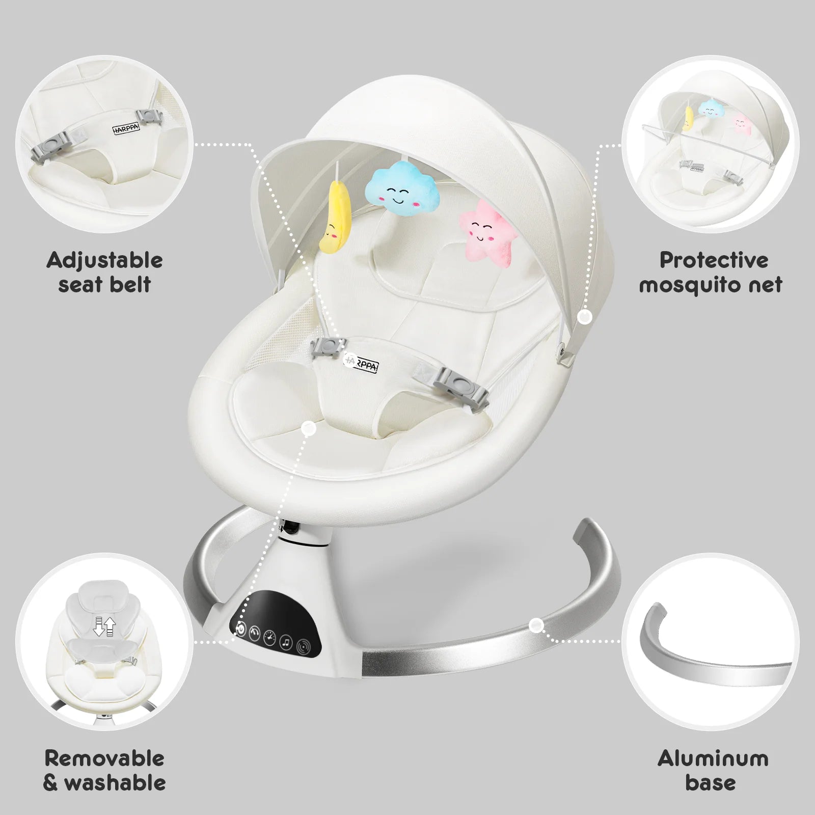 HARPPA Electric Baby Swing for Newborns, 5 Swing Speeds, 12 Preset Melodies, Remote, White