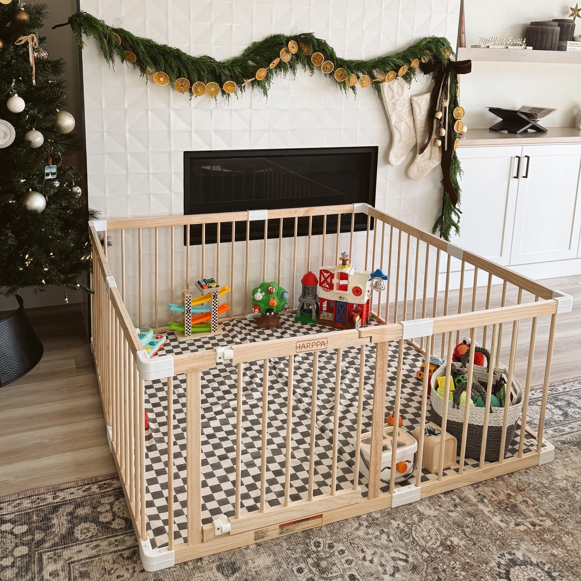 HARPPA Wooden Baby Gate Playpen, Large Play Yard Fence for Toddlers, Adjustable Shape, 56" x 56" x 24"