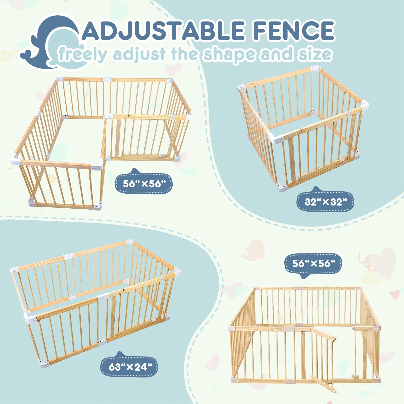 HARPPA Wooden Baby Gate Playpen, Large Play Yard Fence for Toddlers, Adjustable Shape, 56" x 56" x 24"