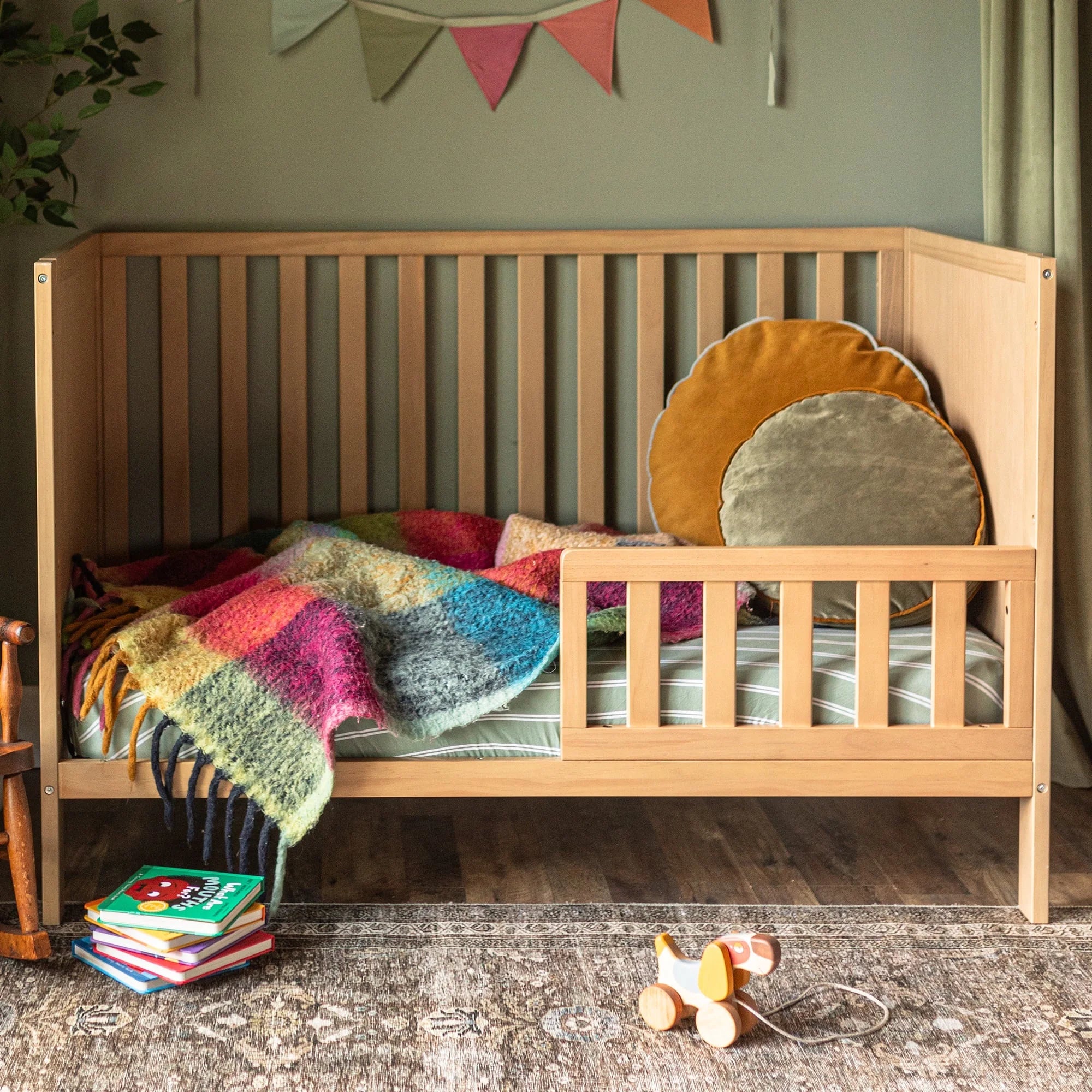 HARPPA 5-in-1 Convertible Baby Crib for Infant to Toddler, Natural Wood