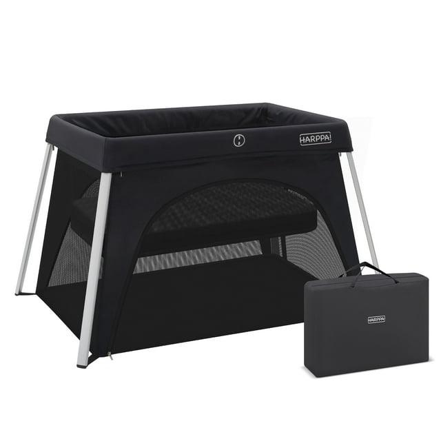 HARPPA Portable Travel Crib with Mattress, Foldable Playard for Baby and Toddler, 11lbs, Black