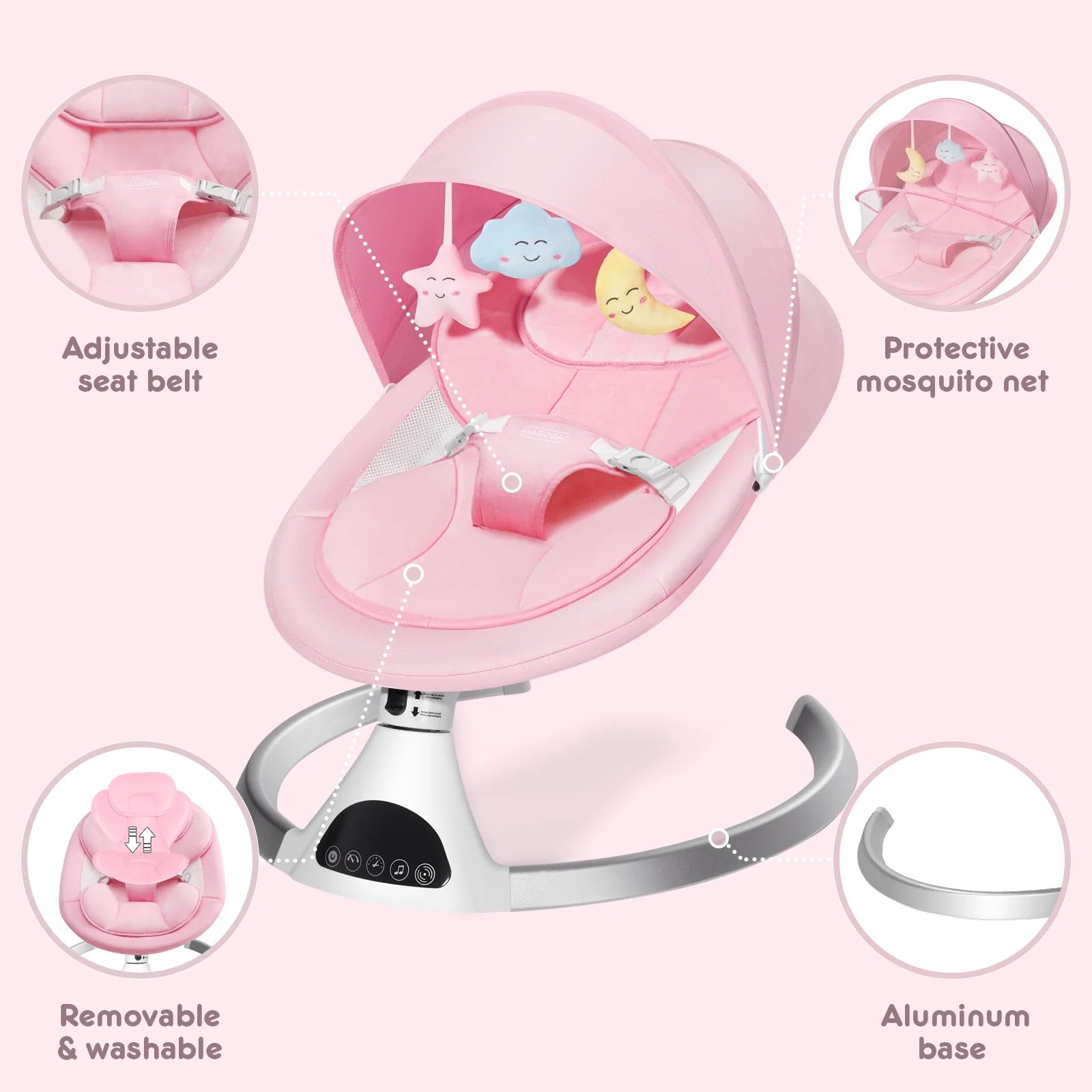 HARPPA Electric Baby Swing for Infants with Remote Control, 5 Sway Speed, Bluetooth Music, Pink