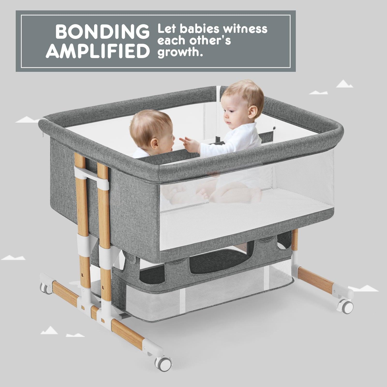 HARPPA Twin Bassinet fot Infant, Bedside Crib for 2 Babies, Height Adjustable, Unisex, Gray