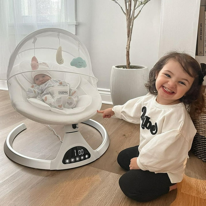 HARPPA Electric Baby Swing for Newborns, 5 Swing Speeds, 12 Preset Melodies, Remote, White