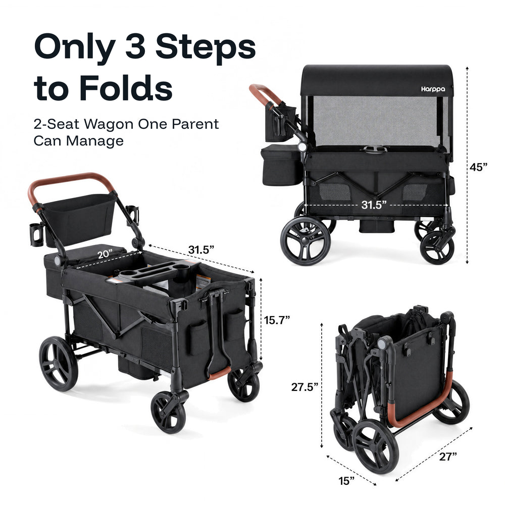 Harppa Remy 2-Seat Foldable Kids Wagon Stroller with Canopy, Snack Tray & Cup Holders for Family Outings
