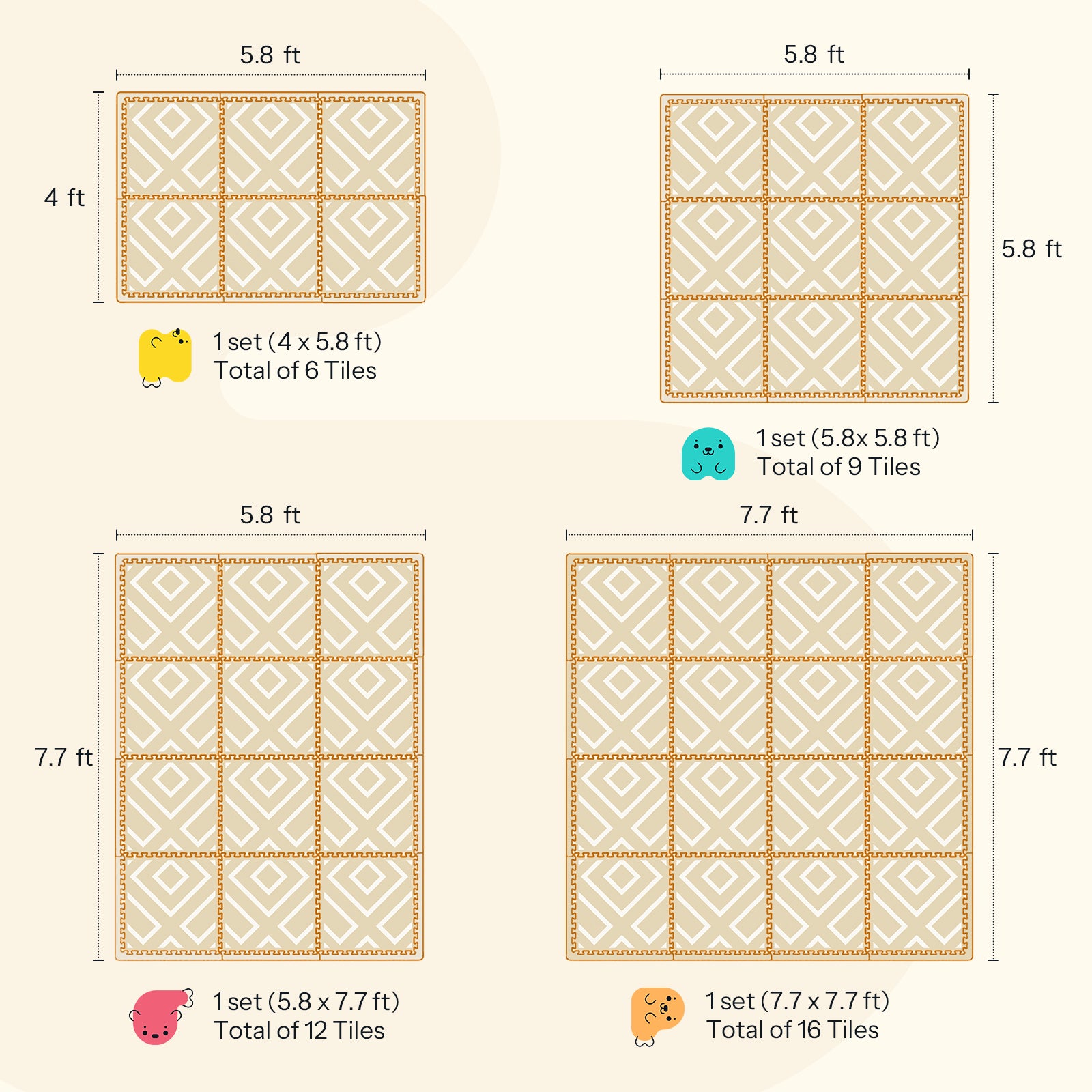 #Sizes_16 Tiles (Approx. 8 × 8 ft | Actual: 7.7 × 7.7 ft)