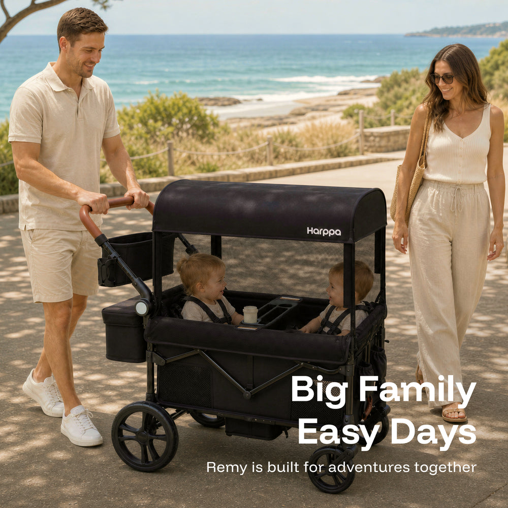 Harppa Remy 2-Seat Foldable Kids Wagon Stroller with Canopy, Snack Tray & Cup Holders for Family Outings