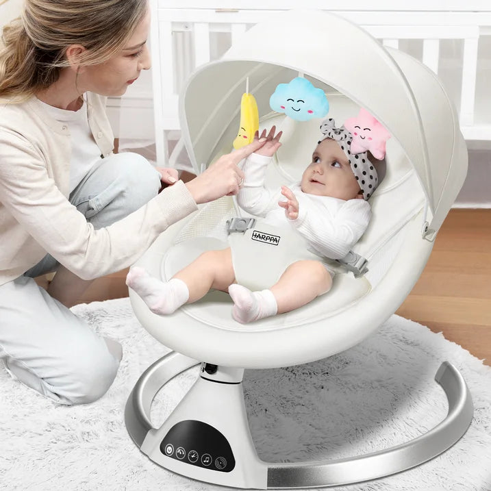 HARPPA Electric Baby Swing for Newborns, 5 Swing Speeds, 12 Preset Melodies, Remote, White