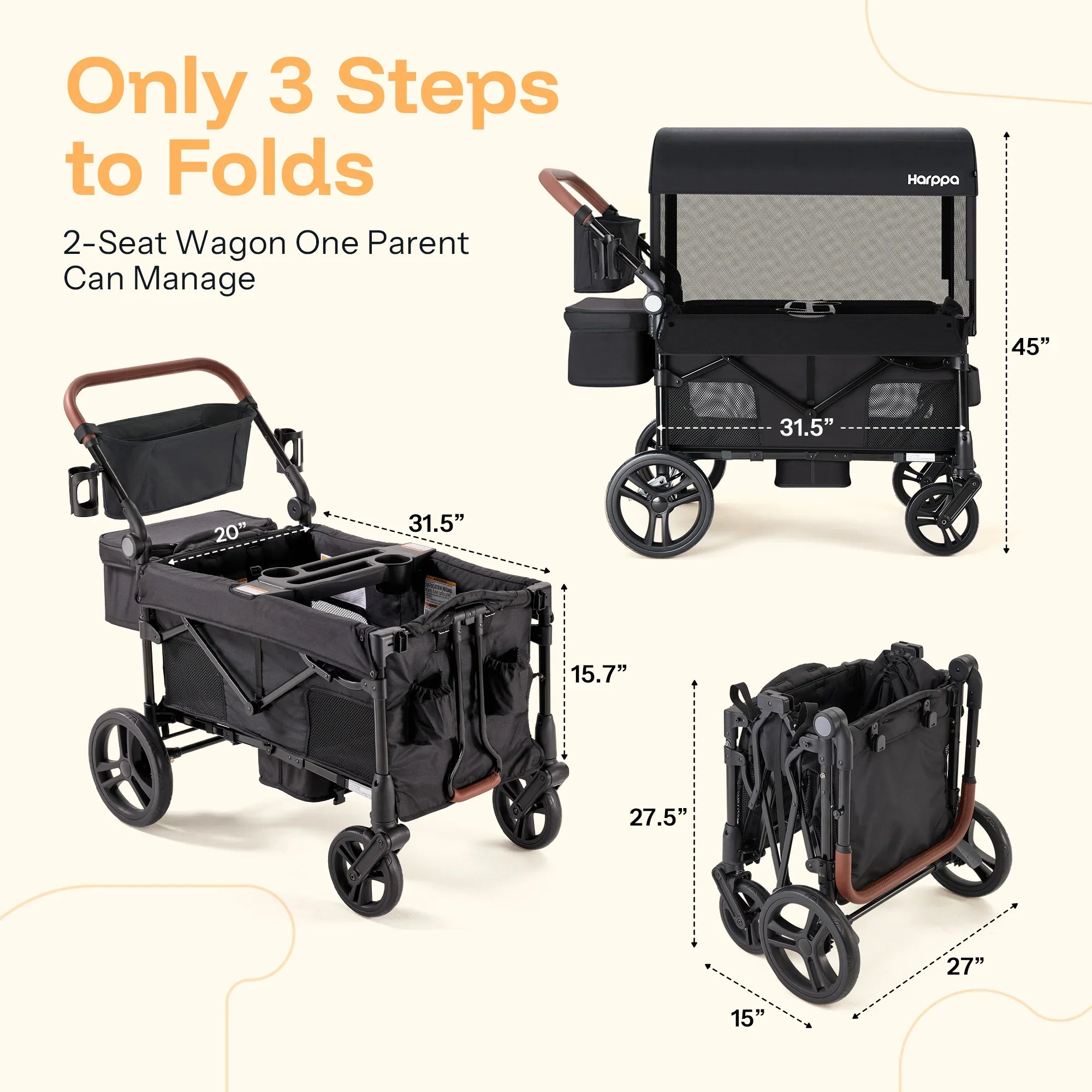 Harppa Remy 2-Seat Foldable Kids Wagon Stroller with Canopy, Snack