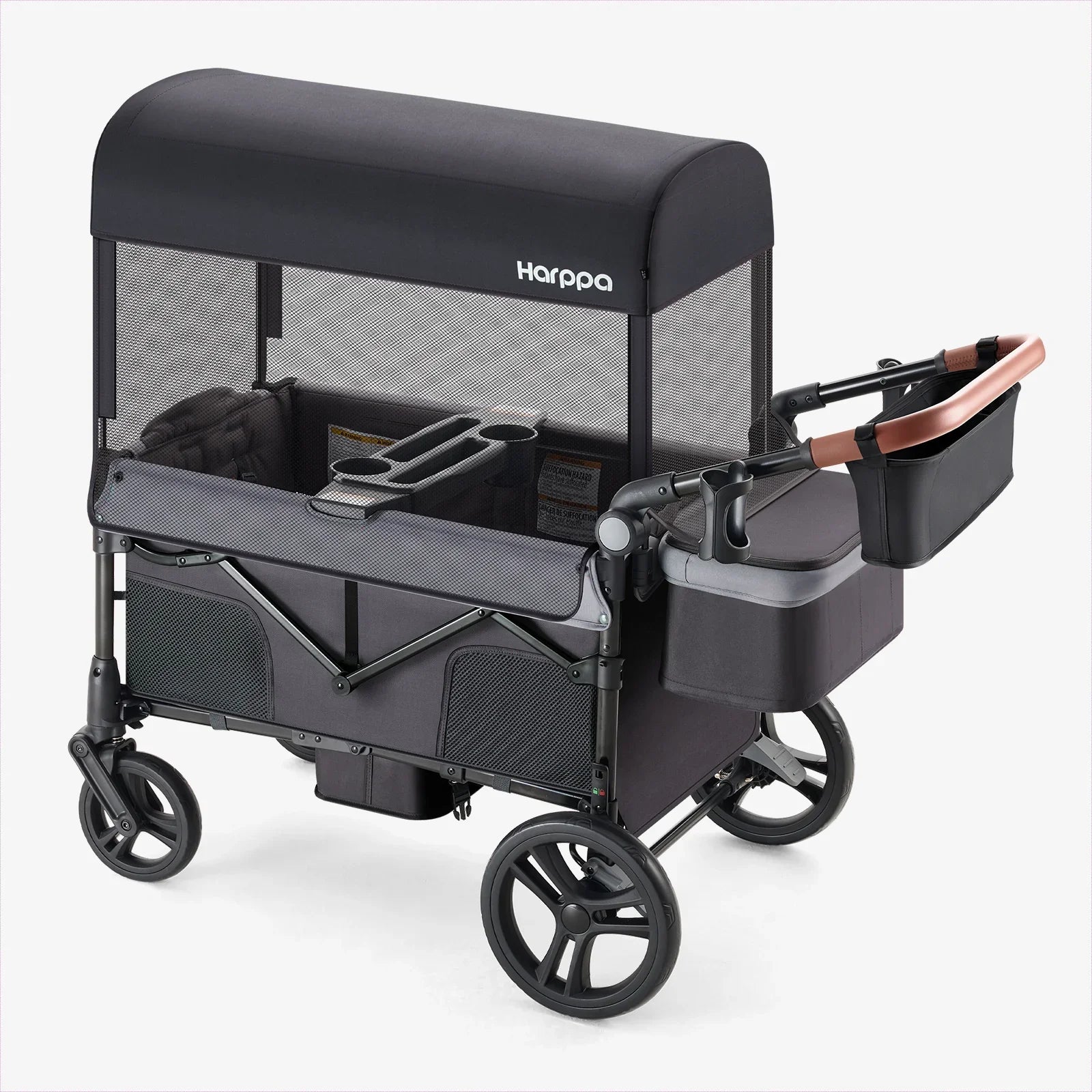 Harppa Remy 2-Seat Foldable Kids Wagon Stroller with Canopy, Snack Tray & Cup Holders for Family Outings